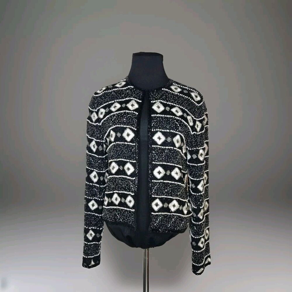 Papell Boutique Evening Sequin Beaded‎ Black Geometric Blazer 100% SILK Jacket S